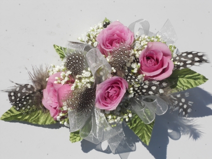 Pink Roses with White Ribbon & Feathers