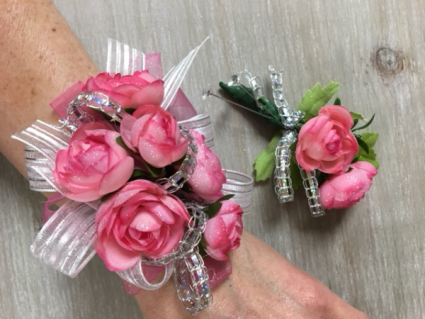 P100 - Pink Shimmer Corsage Set Corsage and Boutonniere