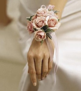 Pink Spray Rose Wrist Corsage with white sheer bow