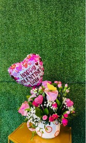 Pink Valentine Bliss Romantic Vase Arrangement with Balloon