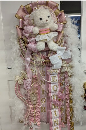 PINK, WHITE AND GOLD  COQUETTE EXTRA LARGE MUM WITH BEAR