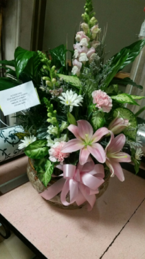 Planter with Fresh Flowers Funeral Arrangement