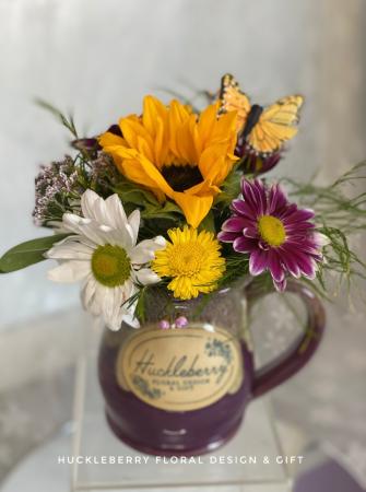 Plum Huckleberry mug with fresh cut flowers Keepsake Huckleberry mug