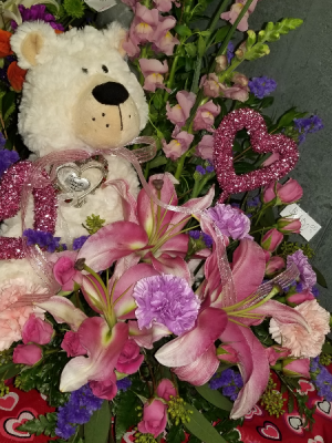 Plush bear and flowers arrangement and bear
