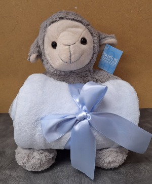 Plush Lamb With Blue Blanket New Baby Gift