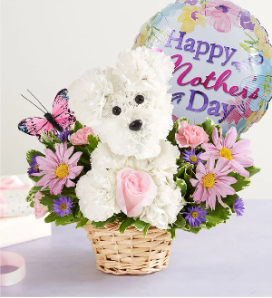Sweet Poochie  Mother's Day Flower  Puppy with Balloon