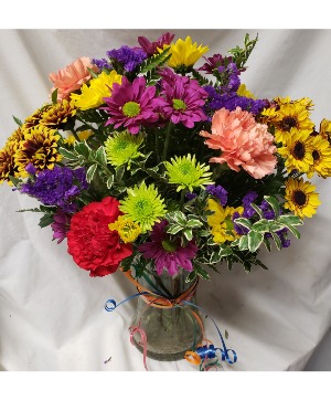 POP OF COLOR...ALL AROUND BOKA OF SEASONAL Daisies and carnations and filler(colors could vary with seasons)ADD A HB MYLAR OR HAPPY BIRTHDAY PIC AT CHECKOUT! 