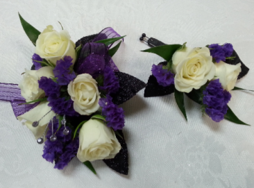 Pop of Purple Wrist corsage and boutonniere