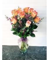 Pop's Dz. Orange Long Stem Roses With Purple Wax Flower