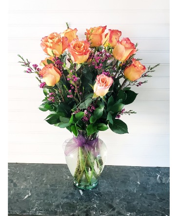 Pop's Dz. Orange Long Stem Roses With Purple Wax Flower in Ventura, CA | Mom And Pop Flower Shop