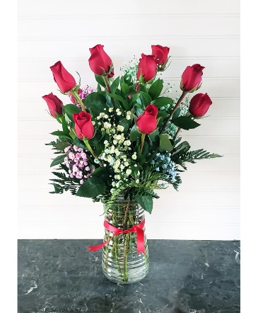Pop's Dz Red Roses with Colored Babies Breath  in Oxnard, CA | Mom and Pop Flower Shop