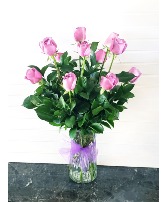 Pop's Lavender Dz Roses 12 Long Stem Roses in a Vase