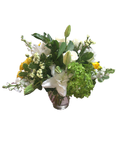 Pops of Green & Yellow Fresh Cut Floral Arrangement in Glass Vase