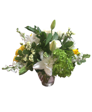 Pops of Green & Yellow Fresh Cut Floral Arrangement in Glass Vase