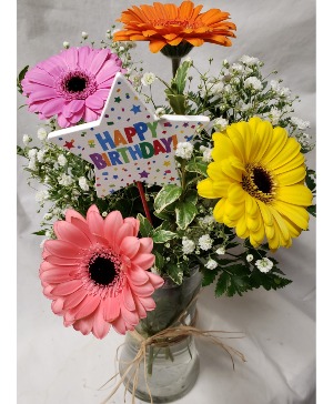 GERBERA BRIGHTS...4 gerbera daisies with filler In a vase with HAPPY BIRTHDAY PIC INCLUDED(colors may vary with stock)