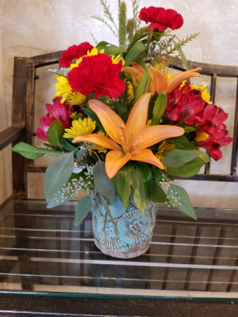 Pottery vase with Fall Mixed Flowers