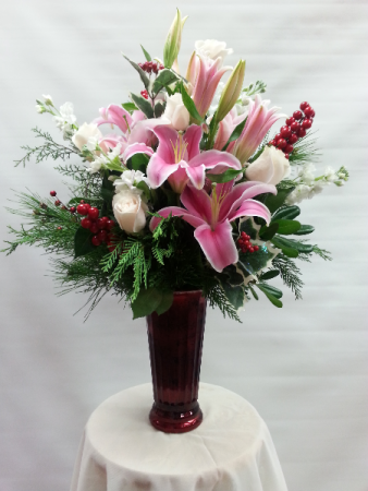 PP Christmas Roses and Lillies Red Vase