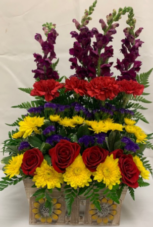 PPCFG Mixed Flowers in Sunflower Planter Box Fresh Arrangement