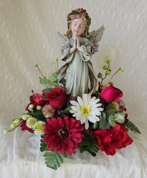 Praying Cherub Angel w/ Red Silks Arrangement 