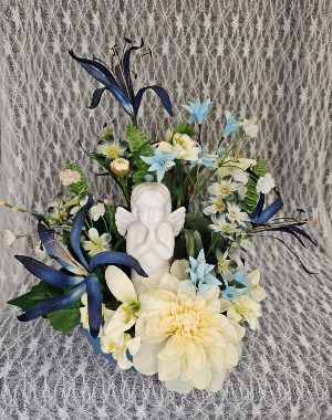 Praying Cherub with Blue & White Silks 