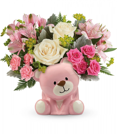  Precious Pink Bear All-Around Floral Arrangement