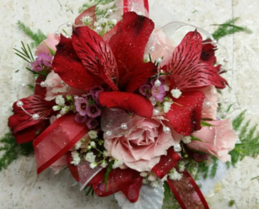 red wrist corsage