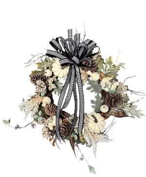 PRECIOUS PUMPKIN ASSORTED WREATH W/ CHECKERED BOW SILK WREATH WITH BOW 