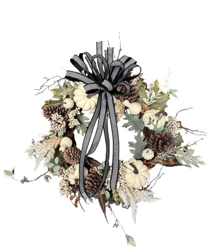 PRECIOUS PUMPKIN ASSORTED WREATH W/ CHECKERED BOW SILK WREATH WITH BOW