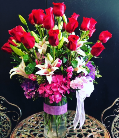 Premium 2 dozen roses and special mixed bouquet Tall cylinder vase with 2 dozen roses and premium mixed floral bouquet