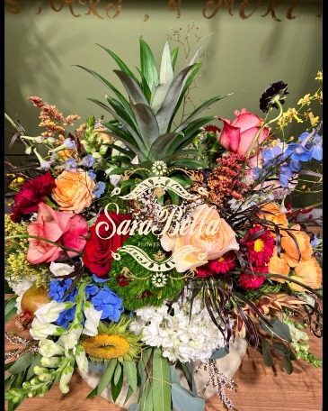 Premium Basket flower Arrangement with Fruit  in Orinda, CA | SaraBella flower shoppe