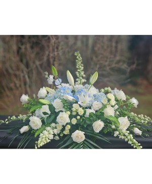 Premium Blue and White Casket Spray Funeral Flowers