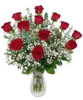 Premium Dozen Long Stem Red Roses Vase Arrangement
