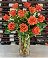 Premium Dozen Orange Roses Clear Vase 