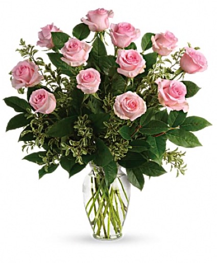 Premium Dozen Pink Roses Clear Vase