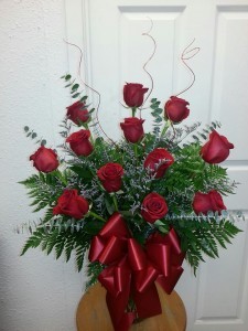 Premium Dozen Red Rose Vase (mixed greenery may vary)