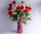Premium Dozen Roses with Stargazer Lilies 
