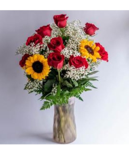 Premium Dozen Roses with Sunflowers 