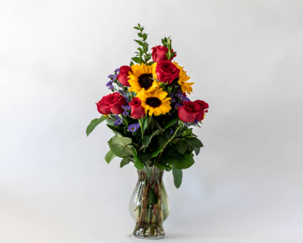 Premium Dozen Roses with Sunflowers Vased Arrangement