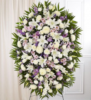 PREMIUM LAVENDER AND WHITE STANDING SPRAY STANDING FUNERAL PC ON A 6' STAND