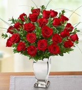 Premium Long Stem Red Roses in Silver Vase 
