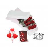 One Dozen Red Rose with Balloons Deluxe Box 
