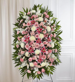 PREMIUM PINK AND WHITE STANDING SPRAY STANDING FUNERAL PC ON A 6' STAND
