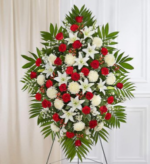 PREMIUM RED AND WHITE STANDING SPRAY STANDING FUNERAL PC ON A 6' STAND