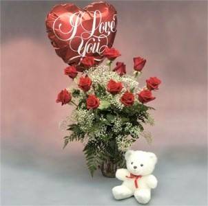 Best Value: Premium  Roses, White Bear & Balloon  Favorite Gift of Love: 12, 18, or 24 Roses in Gainesville, FL | PRANGE'S FLORIST