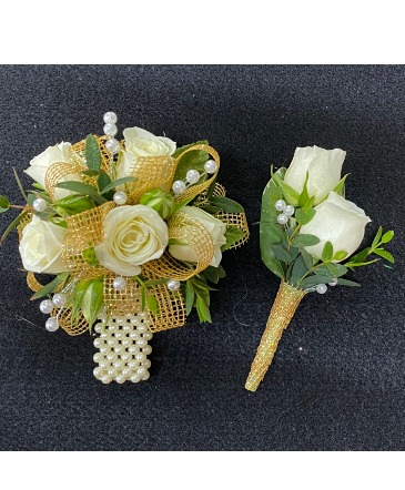 PREMIUM Wristlet & Boutonniere Set Choose your flower & ribbon colors in Lewiston, ME | BLAIS FLOWERS & GARDEN CENTER