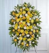 PREMIUM YELLOW ROSE, MUM AND LILLY SPRAY STANDING FUNERAL PC