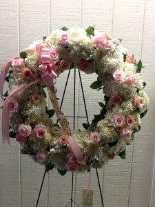 Pretty in Pink and White Funeral Wreath in Fairfield, CT | Blossoms at Dailey's Flower Shop