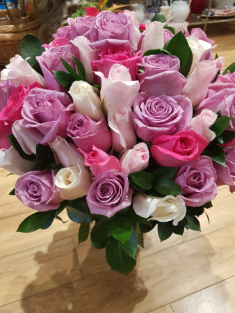 PURPLE MAGICAL RAINBOW 5 dozen Roses arranged in vase