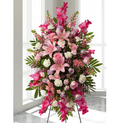 pretty in pink standing spray funeral spray