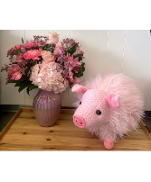 PRETTY IN PINK WITH STUFFED PIG FRESH VASED ARRANGEMENT WITH STUFFED PIG